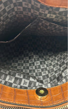 Load image into Gallery viewer, London Fog Womens Brown Croc Embossed Leather Double Handle Shoulder Bag
