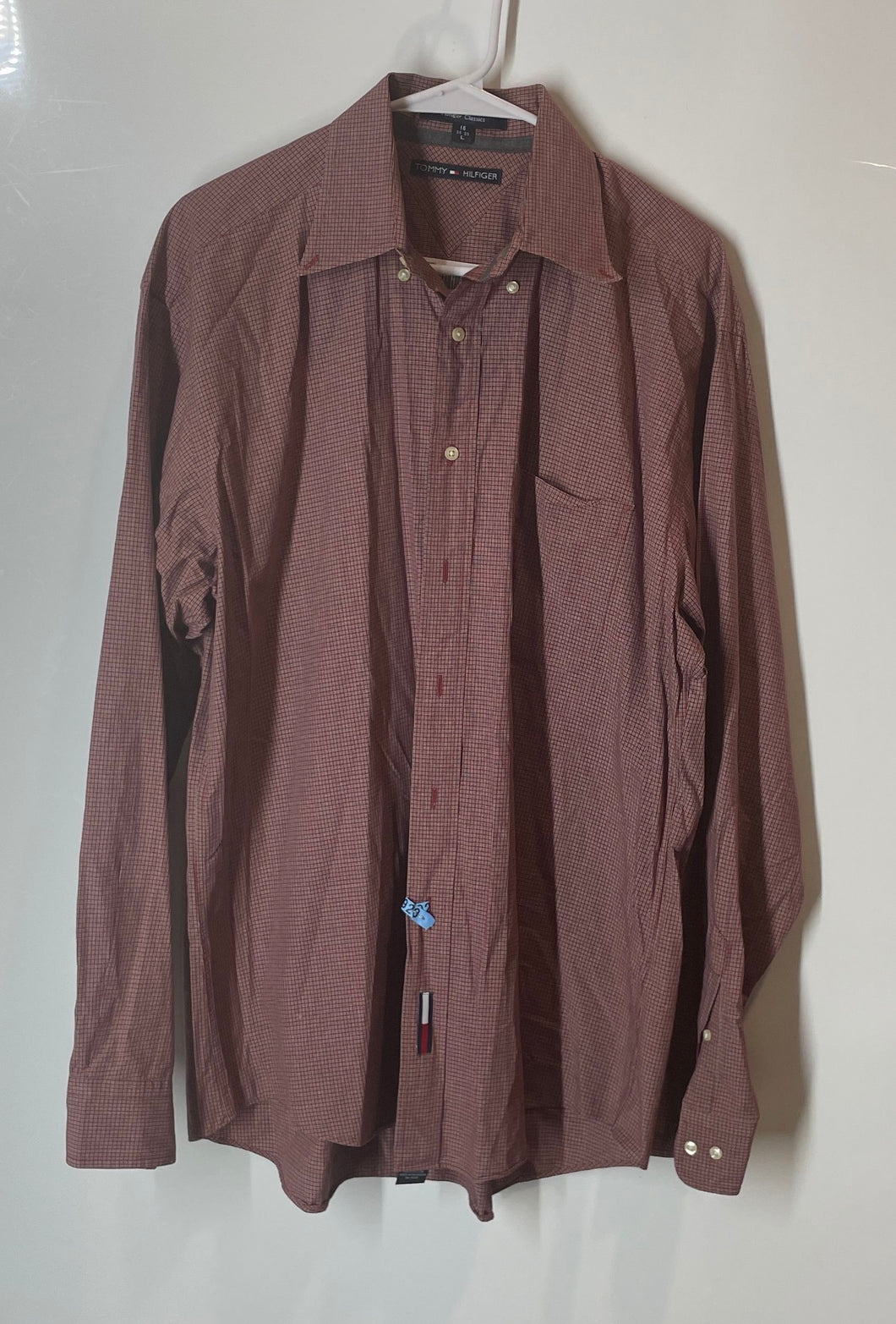 Tommy Hilfiger Mens Classics Red Plaid Print Cotton Long Sleeve Dress Shirt Sz L