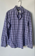 Load image into Gallery viewer, Express Mens White Purple Plaid Long Sleeve Collared Dress Shirt Size L 16-16.5
