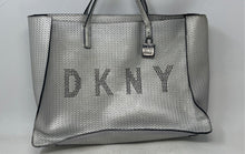 Load image into Gallery viewer, DKNY Womens Silver Embellished Logo Outer Pocket Double Handle Shoulder Tote Bag
