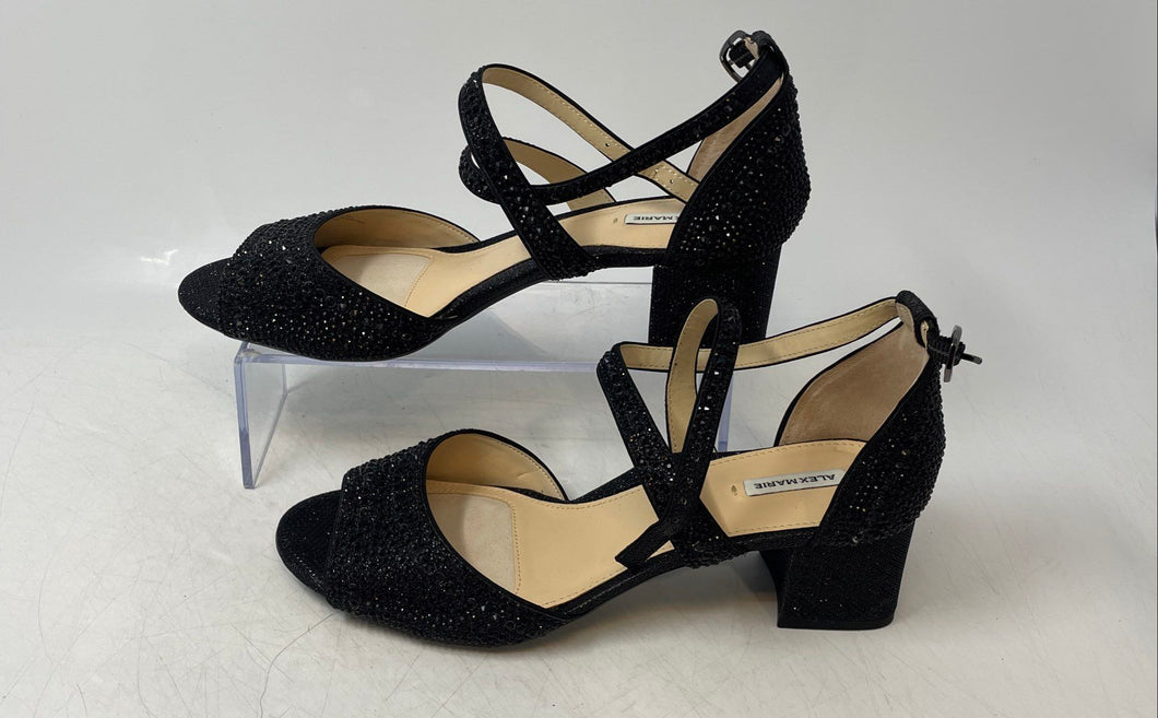 Alex Marie Womens Seyland Black Rhinestone Low Block Ankle Strap Heels Size 9M