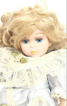 Load image into Gallery viewer, Collectible Victorian Style Blonde Hair Blue Porcelain Doll In Gray Lace Dress
