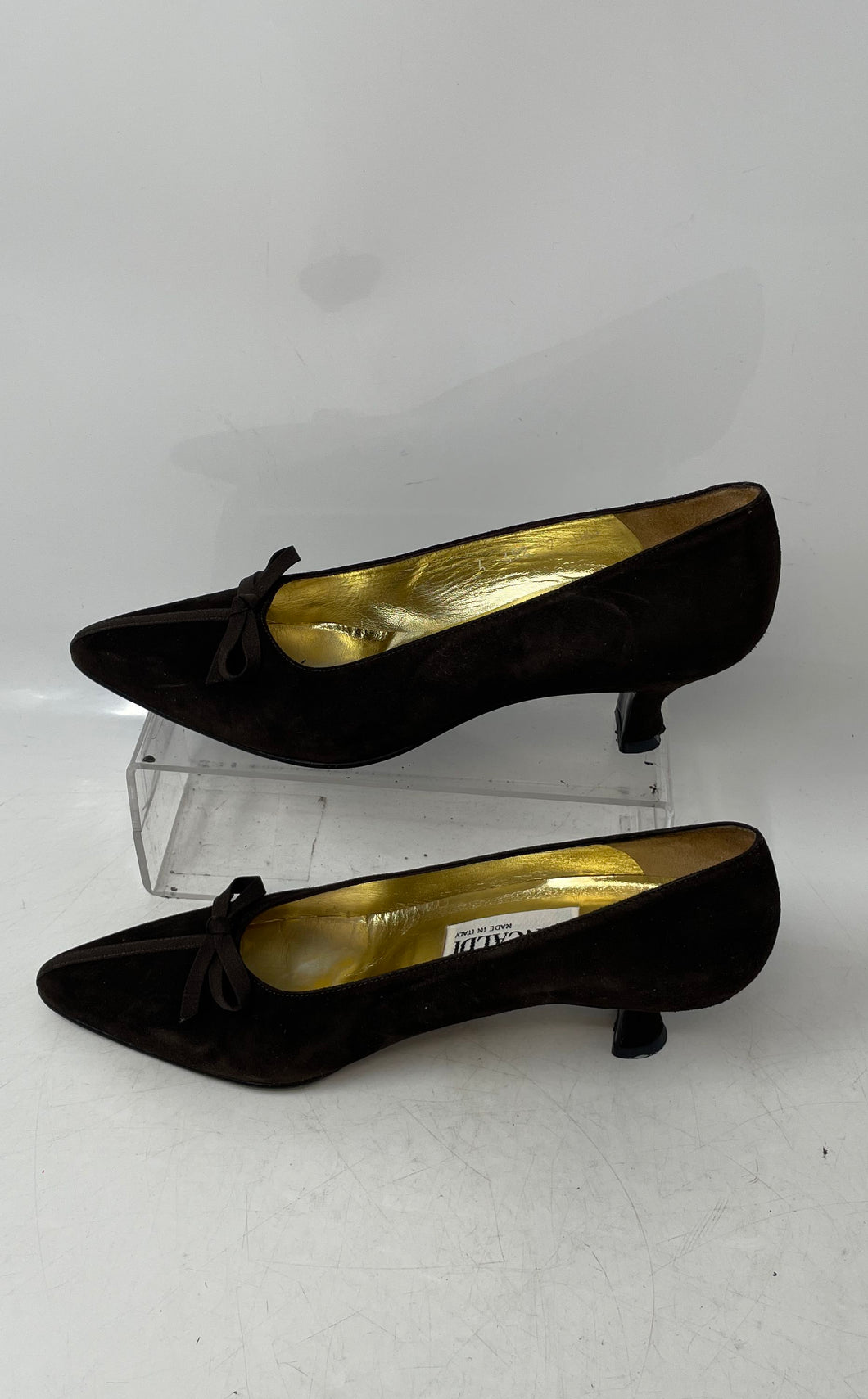 Pancaldi Womens Arianna Brown Bow Suede Pointed Toe Kitten Pump Heels Size 7