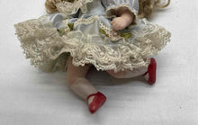 Load image into Gallery viewer, Collectible Victorian Style Blonde Hair Blue Porcelain Doll In Gray Lace Dress

