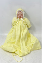 Load image into Gallery viewer, Baby In Yellow Dress Sleep Eyes Lace Bonnet Collectible Porcelain Doll
