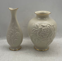 Load image into Gallery viewer, Set Of 2 Pcs Lenox Rose Floral Embossed Ceramic Cream Gold Trim Tabletop Vase
