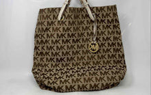 Load image into Gallery viewer, Michael Kors Womens Beige Signature Print Charm Double Handle Tote Handbag
