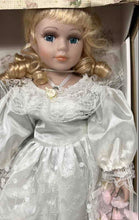 Load image into Gallery viewer, Dandee Keepsake Memories Blonde Blue Eyes White Dress Flowers Porcelain Doll
