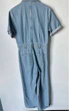 Load image into Gallery viewer, Mango Womens Blue Denim Short Sleeve Collared One-Piece Jumpsuit Size M
