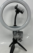 Load image into Gallery viewer, Ubeesize Black LED Ring Light Tripod Adjustable Holder Desk Stand Powers On
