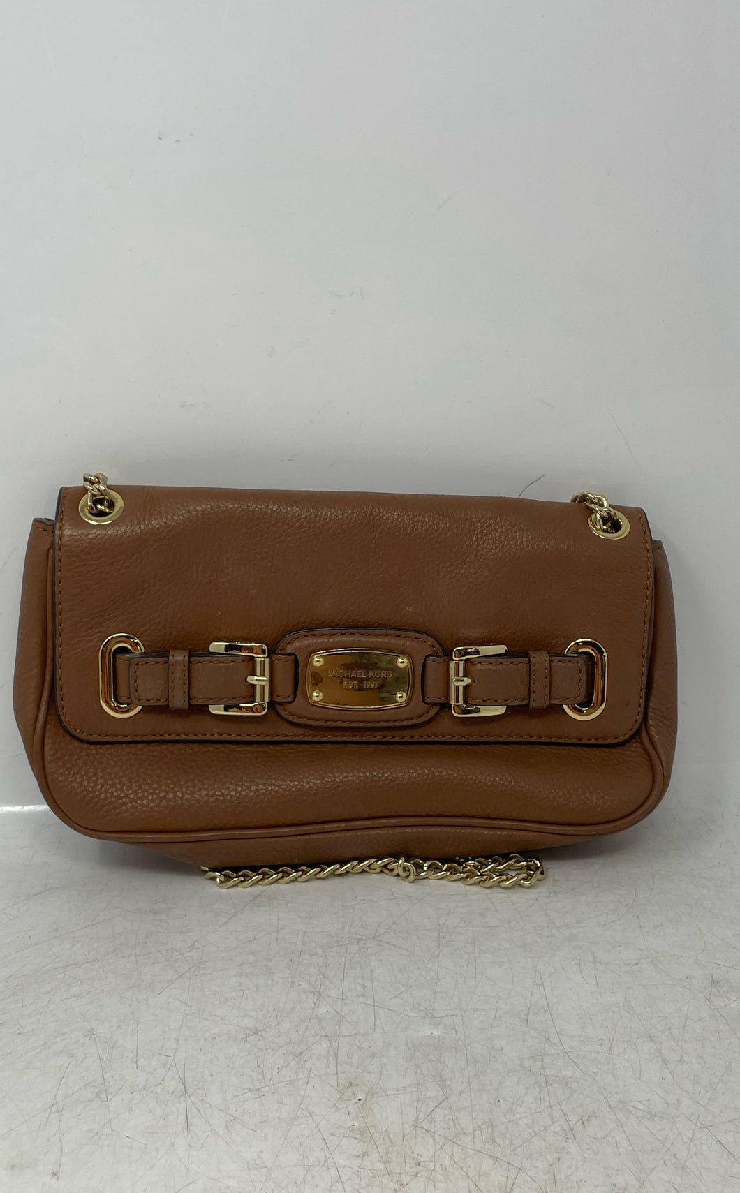 Michael Kors Womens Hamilton Brown Gold Leather Chain Strap Flap Shoulder Purse