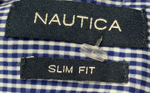 Load image into Gallery viewer, Nautica Mens Blue White Check Long Sleeve Collared Slim Fit Dress Shirt Size M
