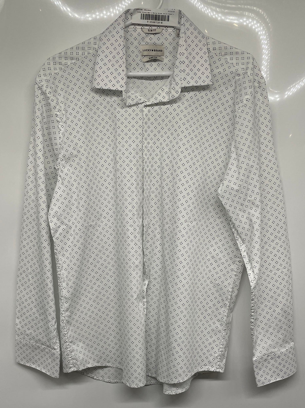 Lucky Brand Mens White Black Printed Slim Fit Stretch Button-Up Shirt Size L
