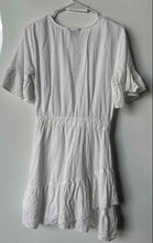 Load image into Gallery viewer, Express Womens White Cotton Short Sleeve Button Front Ruffle Hem Mini Dress Sz S
