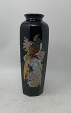 Load image into Gallery viewer, Black Ceramic Floral &amp; Bird Hexagonal Shaped Signed Decorative Vase Collectible
