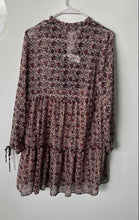 Load image into Gallery viewer, Zara Womens Burgundy Floral Long Sleeve Notch Neck Tiered Mini Dress Size M
