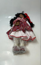 Load image into Gallery viewer, UG Collector Floral Red Dress Curly Black Hair Porcelain Doll In Box
