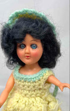 Load image into Gallery viewer, Vintage Plastic Play Doll Featuring Handmade Crochet Yellow &amp; Green Maxi Dress
