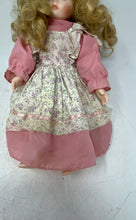 Load image into Gallery viewer, Vintage Blonde Curly Hair Green Eyes Porcelain Girl Doll In Cotton Floral Dress
