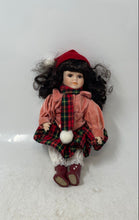 Load image into Gallery viewer, Black Hair Brown Eyes Christmas Style Collectible Porcelain Doll In Dress w/ Hat
