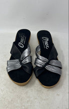 Load image into Gallery viewer, Onex Womens Black Silver Leather Criss Cross Wedge Slip-On Slide Sandals Size 9
