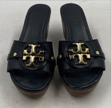 Load image into Gallery viewer, Authentic Tory Burch Womens Black Leather Wedge Heel Slide Sandals Sz 8M Damaged
