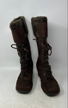 Load image into Gallery viewer, Traffic Womens Brown Fur-Trim Lace-Up Wedge Heel Knee High Snow Boots Size 8
