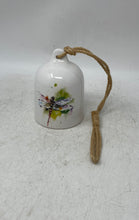Load image into Gallery viewer, White Green Dragonfly Watercolor Decorative Ceramic Bell With Jute Hanging Loop
