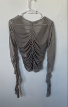 Load image into Gallery viewer, Zara Womens Gray Long Sleeve Regular Fit Ruched Button Front Cropped Top Size M
