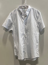 Load image into Gallery viewer, Calvin Klein Mens Blue Striped Short Sleeve Slim Fit Button-Up Shirt Size Large
