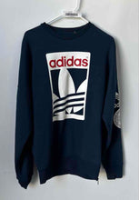 Load image into Gallery viewer, Adidas Mens Navy Blue Graphic Print Trefoil Long Sleeve Pullover Sweatshirt Sz M
