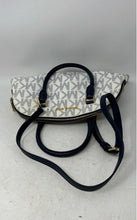 Load image into Gallery viewer, Michael Kors Womens White Navy Signature Print Detachable Strap Satchel Handbag
