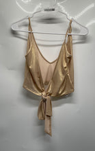 Load image into Gallery viewer, Bhoom Shanti Womens Gold Shimmer V-Neck Back Tie Cropped Tank Top Size S W/ Tag
