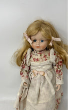 Load image into Gallery viewer, Blonde Hair Blue Glass Eyes Floral Print Dress Girls Porcelain Doll
