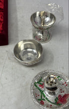 Load image into Gallery viewer, Set Of 8 Pcs Silver Tone Collectible Pooja Thali Meenakari With Red Velvet Box

