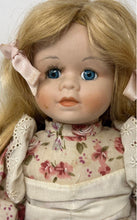 Load image into Gallery viewer, Blonde Hair Blue Glass Eyes Floral Print Dress Girls Porcelain Doll
