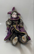 Load image into Gallery viewer, Color Purple &amp; Gold Collectible Classic Porcelain Harlequin Jester Doll
