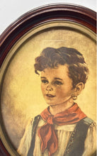 Load image into Gallery viewer, Vintage Boy Wearing Red Scarf &amp; Green Vest Chiko Oval Framed Portrait Art Print
