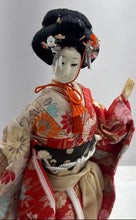 Load image into Gallery viewer, Handmade Decorative Japanese Geisha Doll With Floral Kimono Outfit On Wood Base
