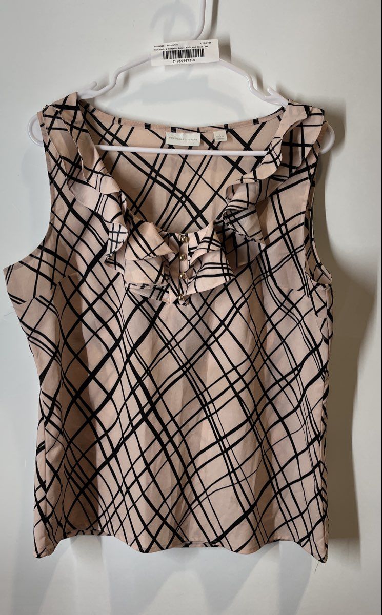 New York & Company Womens Pink And Black Plaid Ruffle Blouse Top Size L