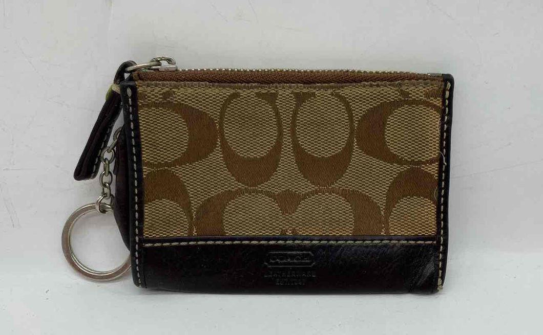 Coach Womens Brown Beige Monogram Key Chain Card Holder Zipper Coin Wallet