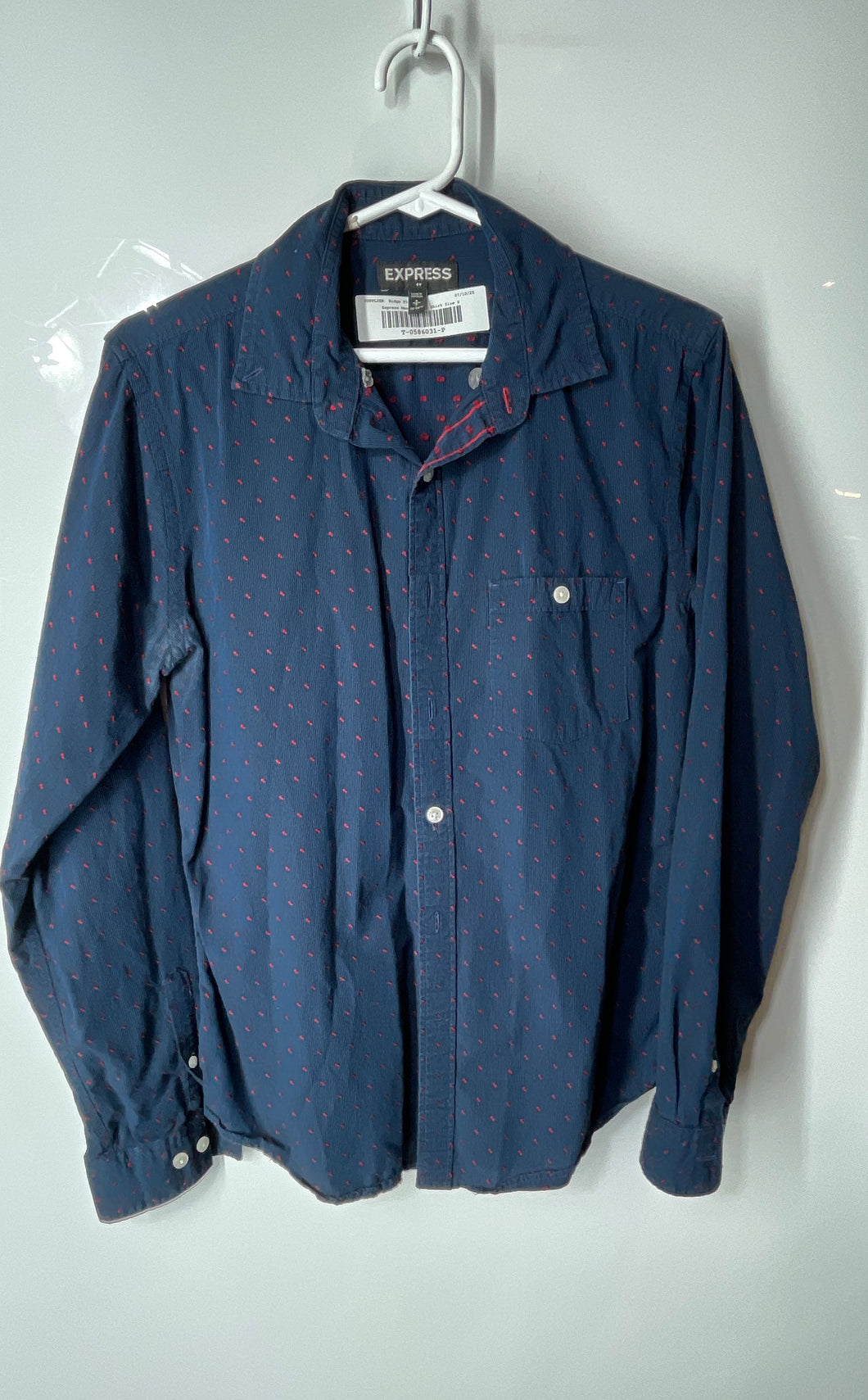 Express Mens Blue Printed Cotton Long Sleeve Collared Dress Shirt Size S