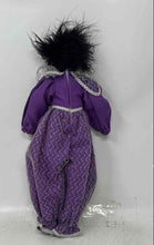 Load image into Gallery viewer, Vintage Purple Black Outfit Painted Face Feather Hair Porcelain Harlequin Doll

