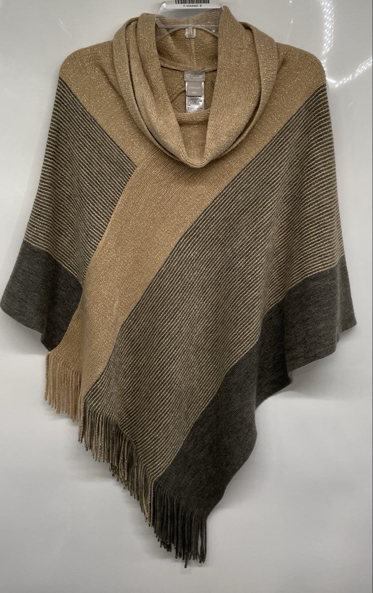 Chico's Womens Beige Gray Striped Shine Cowl Neck Poncho Sweater One Size w/ Tag