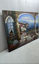 Load image into Gallery viewer, Vintage Mediterranean Coastal View Seaside Terrace Oil Painting Signed P Fielder
