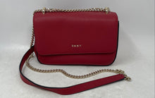 Load image into Gallery viewer, DKNY Womens Red Saffiano Leather Chain Strap Magnetic Flap Crossbody Purse
