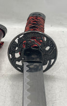 Load image into Gallery viewer, Japanese Samurai Katana Sword With Red Black Wrapped Handle &amp; Patterned Scabbard
