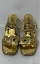 Load image into Gallery viewer, Anne Michelle Womens Yellow Gold Tone Stiletto Heel Strappy Sandals Size 8.5
