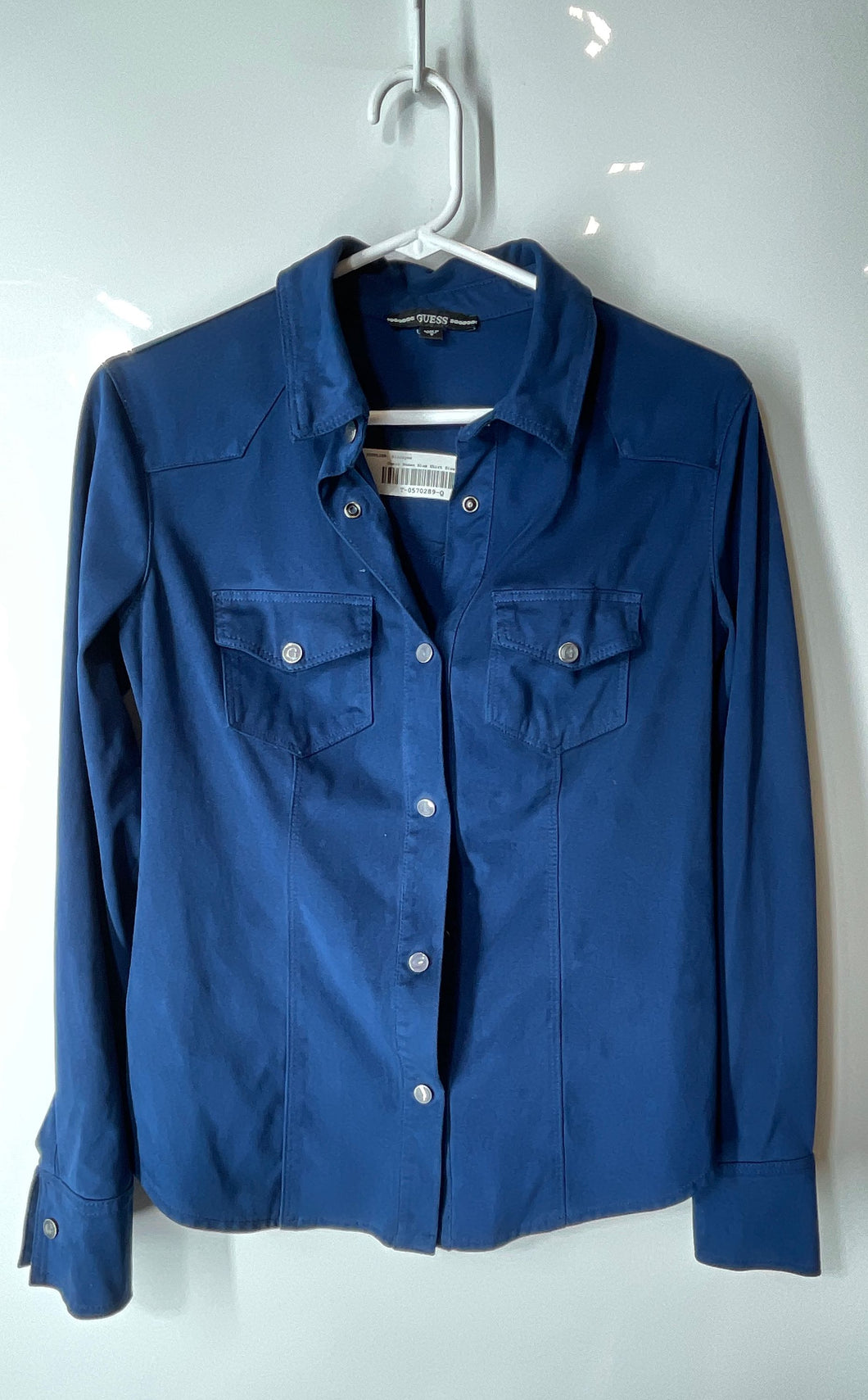 Guess Womens Blue Long Sleeve Pockets Collared Snap Front Shirt Size S
