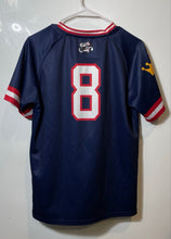 Load image into Gallery viewer, Decker Sports Mens Blue Short Sleeve Tornadoes #8 Activewear Jersey Size S
